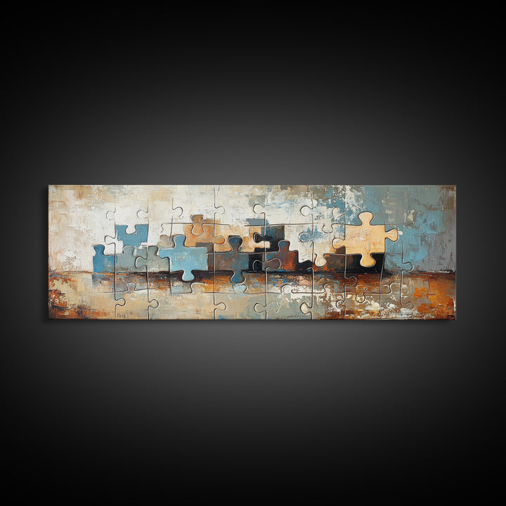 Abstract Puzzle Pieces Painting Wall Art, Modern Geometric Canvas Print For Living Room Decor And Office Decor Gift For Him