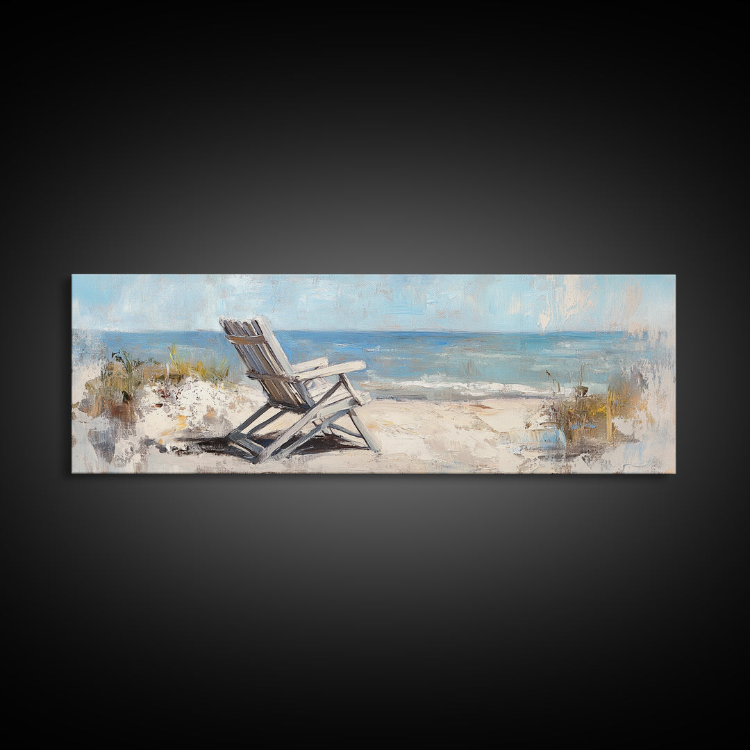 White Beach Chair Ocean View Framed Canvas Print, Coastal Wall Art For Beach House Decor Living Room Decor And Housewarming Gift