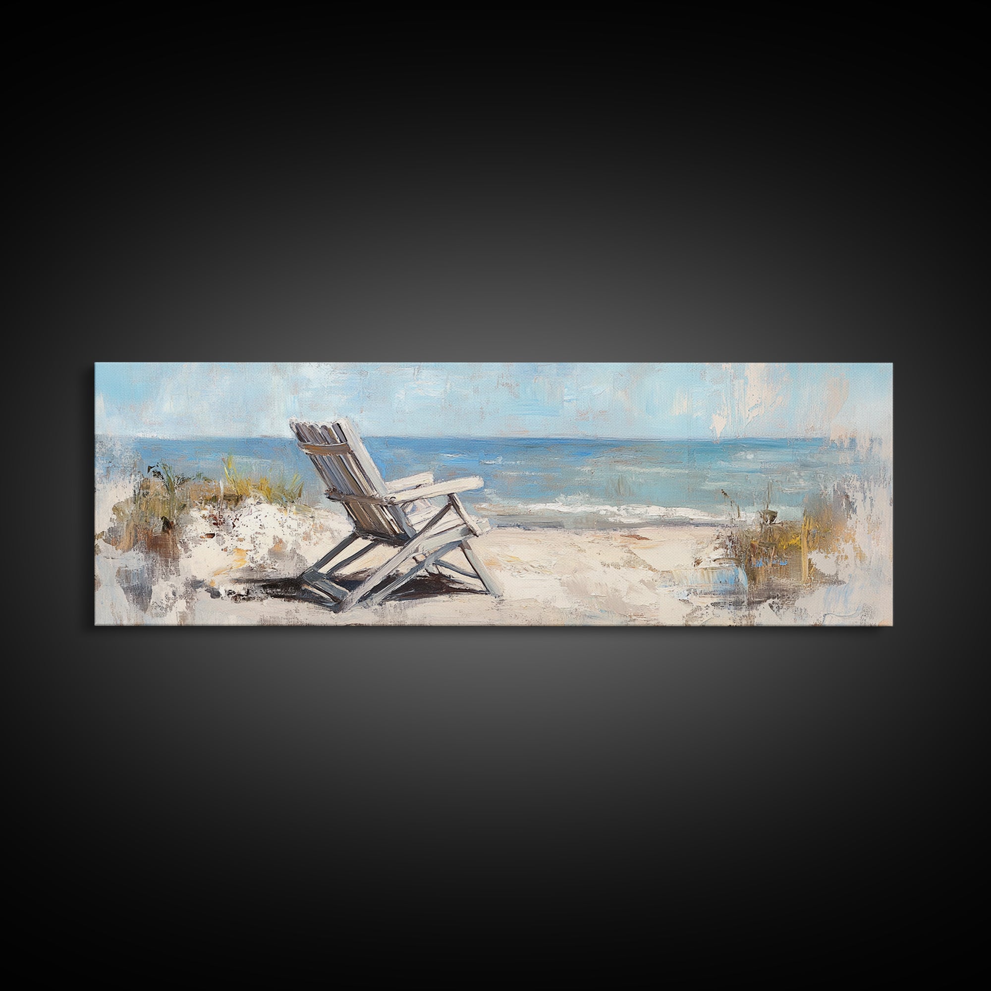 White Beach Chair Ocean View Framed Canvas Print, Coastal Wall Art For Beach House Decor Living Room Decor And Housewarming Gift