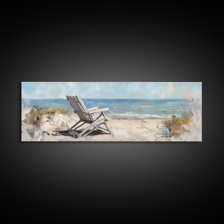 White Beach Chair Ocean View Framed Canvas Print, Coastal Wall Art For Beach House Decor Living Room Decor And Housewarming Gift