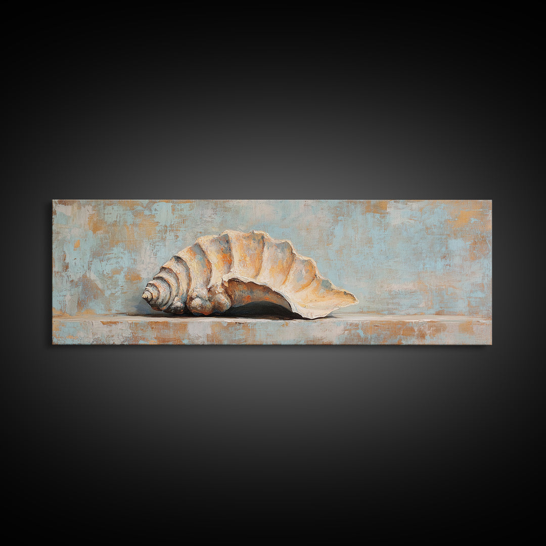 Rustic Seashell Still Life Wall Art, Coastal Beach House Canvas Print, Nautical Bathroom Decor, Ocean Shell Painting Gift