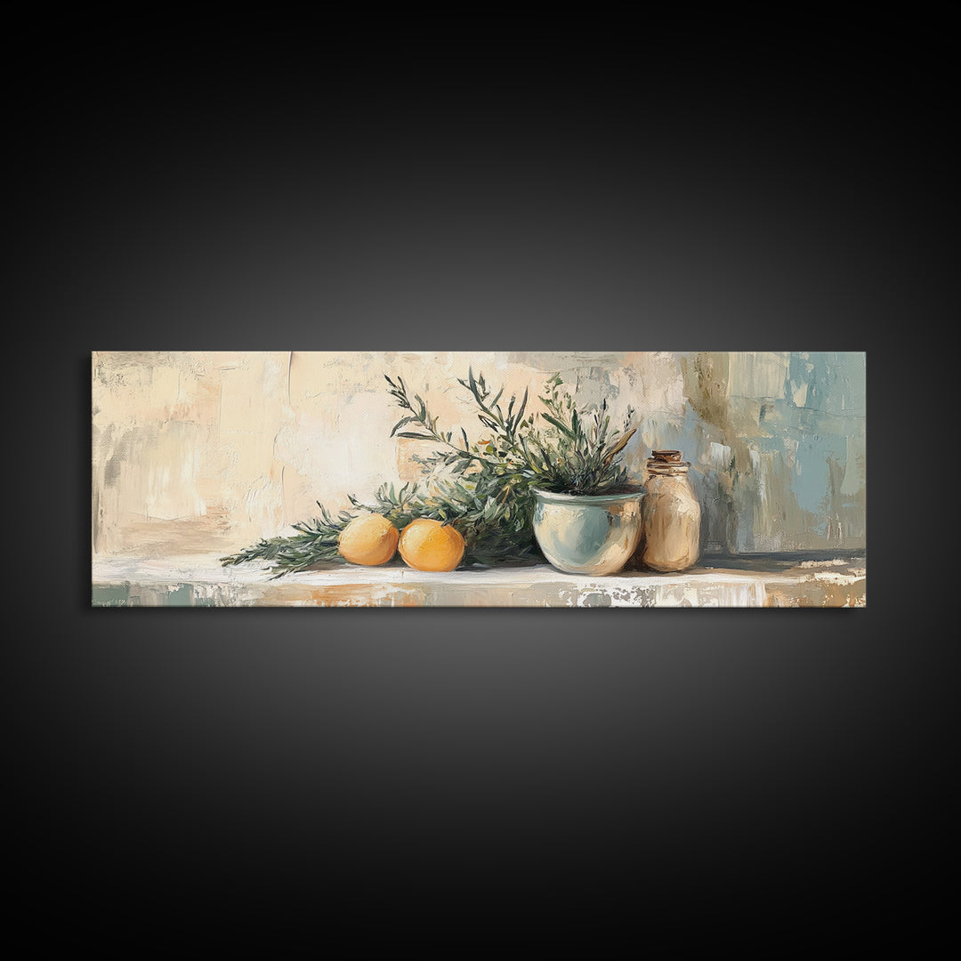 Olive Branch And Citrus Still Life Wall Art, Rustic Kitchen Canvas Print, Farmhouse Country Decor, Mediterranean Art Print