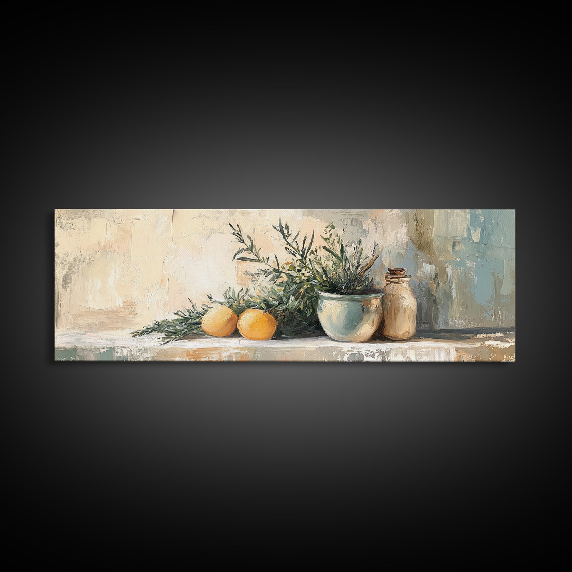 Olive Branch And Citrus Still Life Wall Art, Rustic Kitchen Canvas Print, Farmhouse Country Decor, Mediterranean Art Print