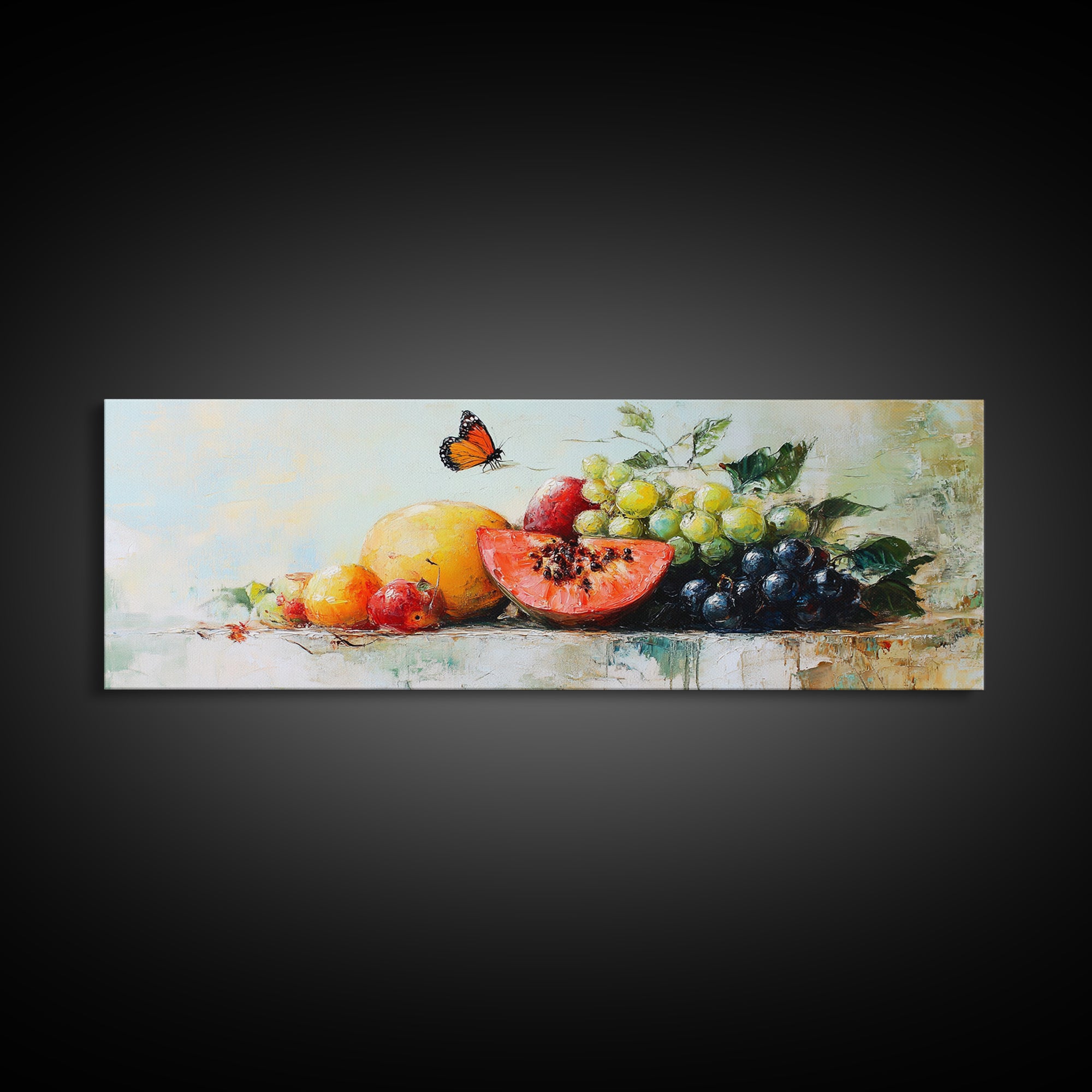 Tropical Fruit And Butterfly Still Life Wall Art, Colorful Kitchen Canvas Print, Summer Farmhouse Decor, Food Lover Gift Art Print