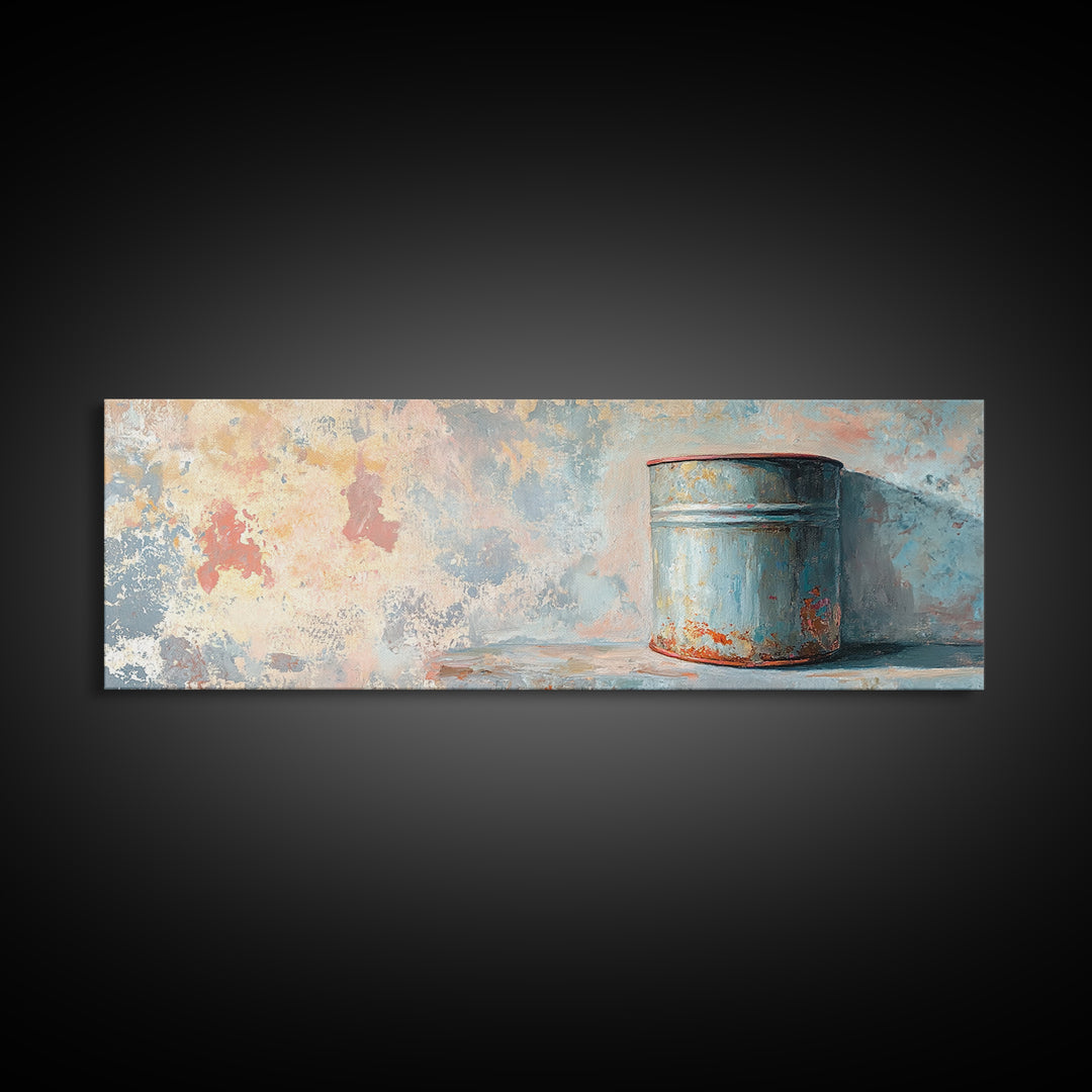 Weathered Blue Tin Can Still Life Wall Art, Rustic Farmhouse Canvas Print, Industrial Kitchen Decor, Textured Painting Print