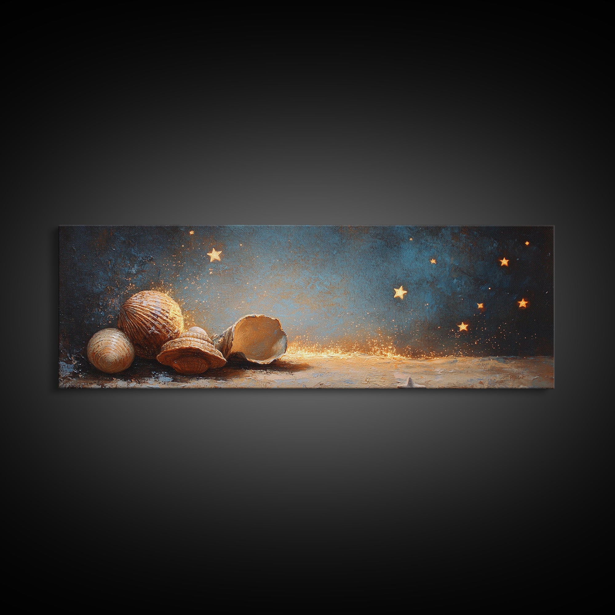 Glowing Seashells And Golden Stars Canvas Print, Coastal Wall Art, Celestial Decor, Beach House Decor, Ocean Wall Decor, Gift For Her