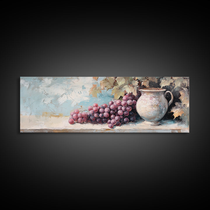 Purple Grapes And Rustic Pitcher Framed Canvas Print, Winery Wall Art, French Country Decor, Kitchen Wall Decor, Gift For Her