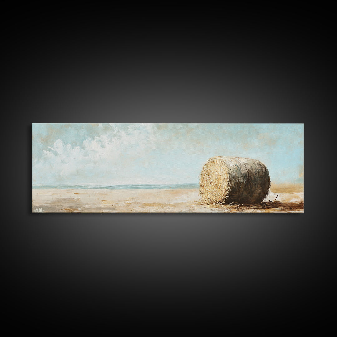 Golden Hay Bale Coastal Landscape Wall Art, Rustic Farmhouse Decor, Country Canvas Print For Living Room Or Kitchen Wall Decor