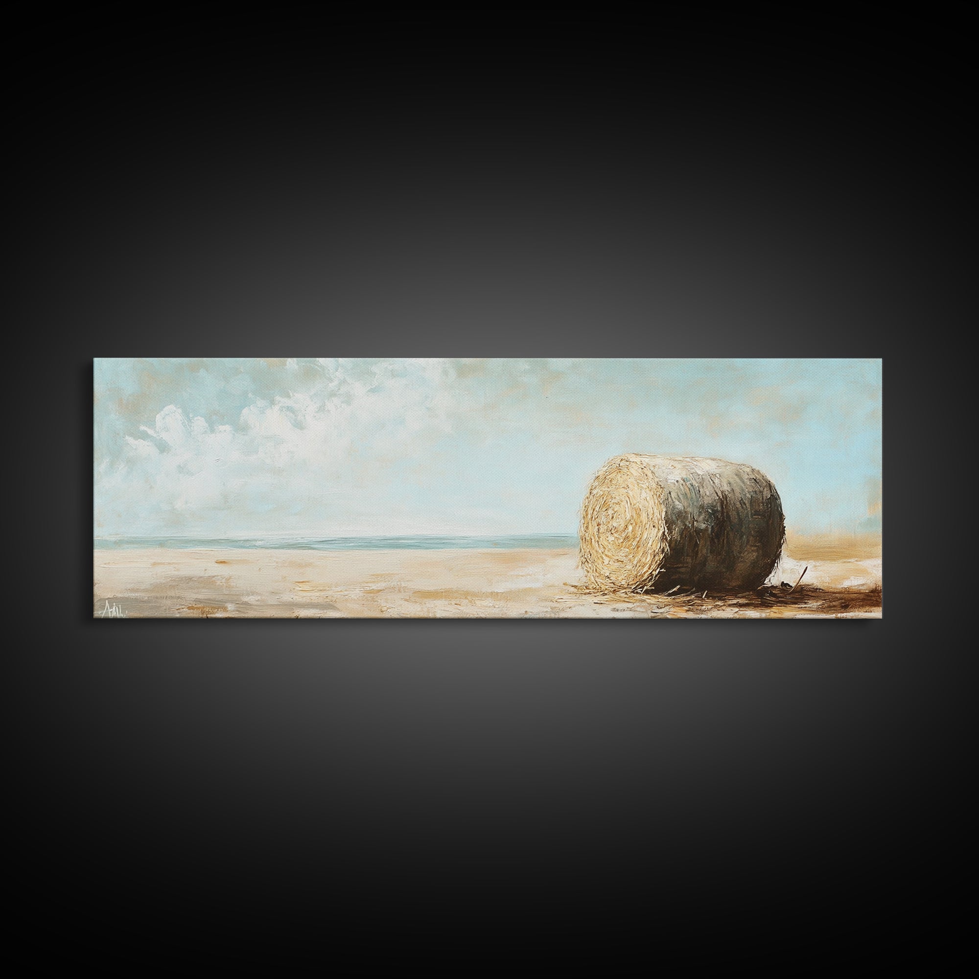 Golden Hay Bale Coastal Landscape Wall Art, Rustic Farmhouse Decor, Country Canvas Print For Living Room Or Kitchen Wall Decor