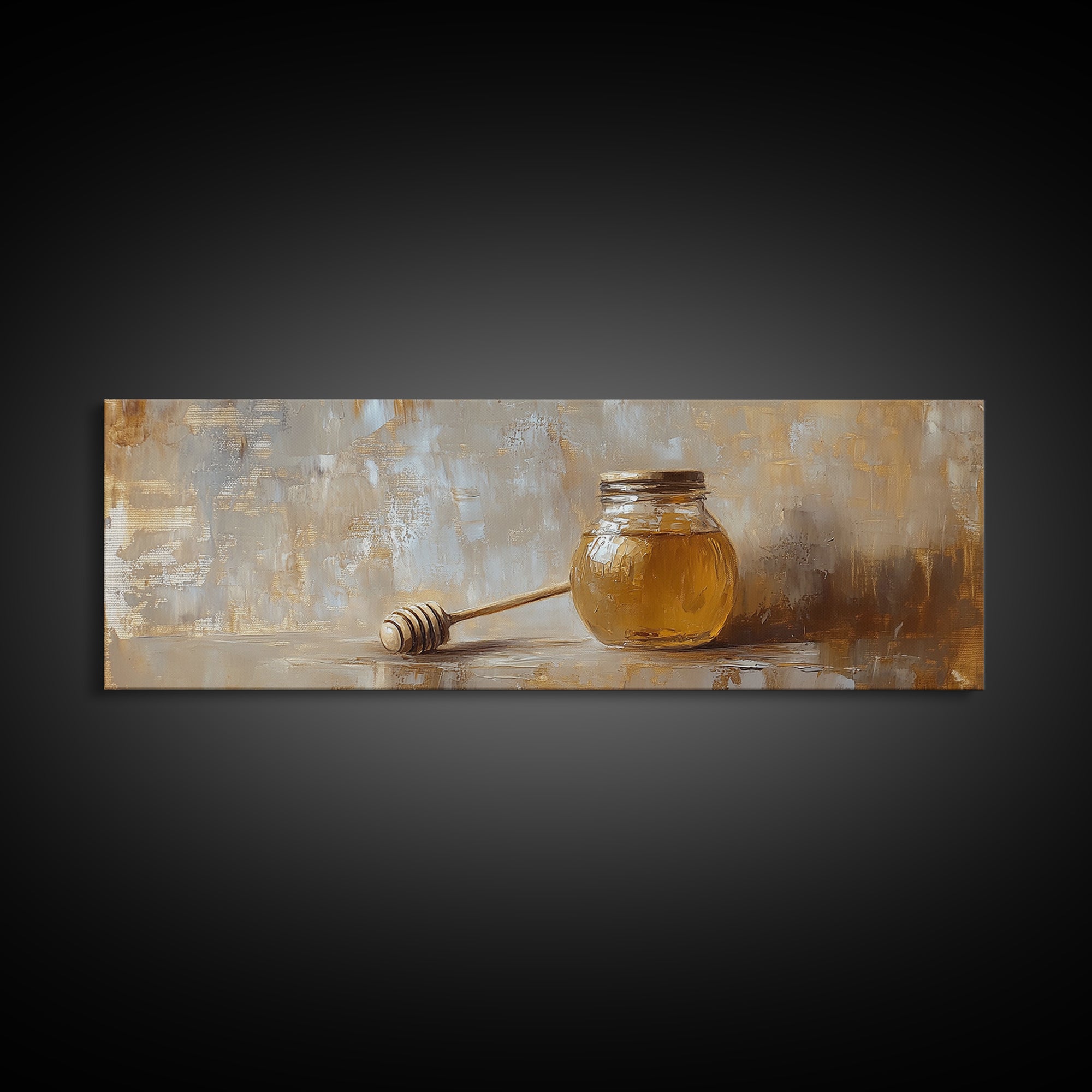 Honey Jar And Dipper Still Life Wall Art, Rustic Kitchen Decor, Farmhouse Canvas Print For Dining Room Or Pantry Wall Decor Gift