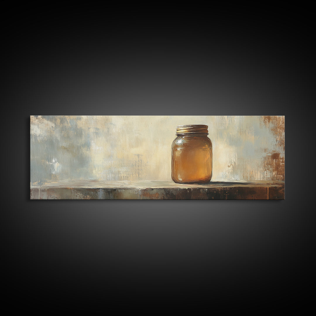 Amber Mason Jar Still Life Wall Art, Rustic Farmhouse Decor, Neutral Canvas Print For Kitchen Shelf Or Dining Room Wall Decor