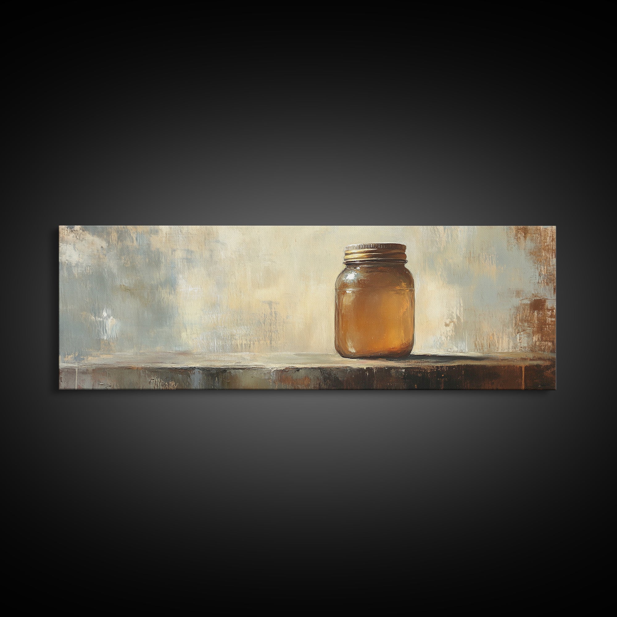 Amber Mason Jar Still Life Wall Art, Rustic Farmhouse Decor, Neutral Canvas Print For Kitchen Shelf Or Dining Room Wall Decor