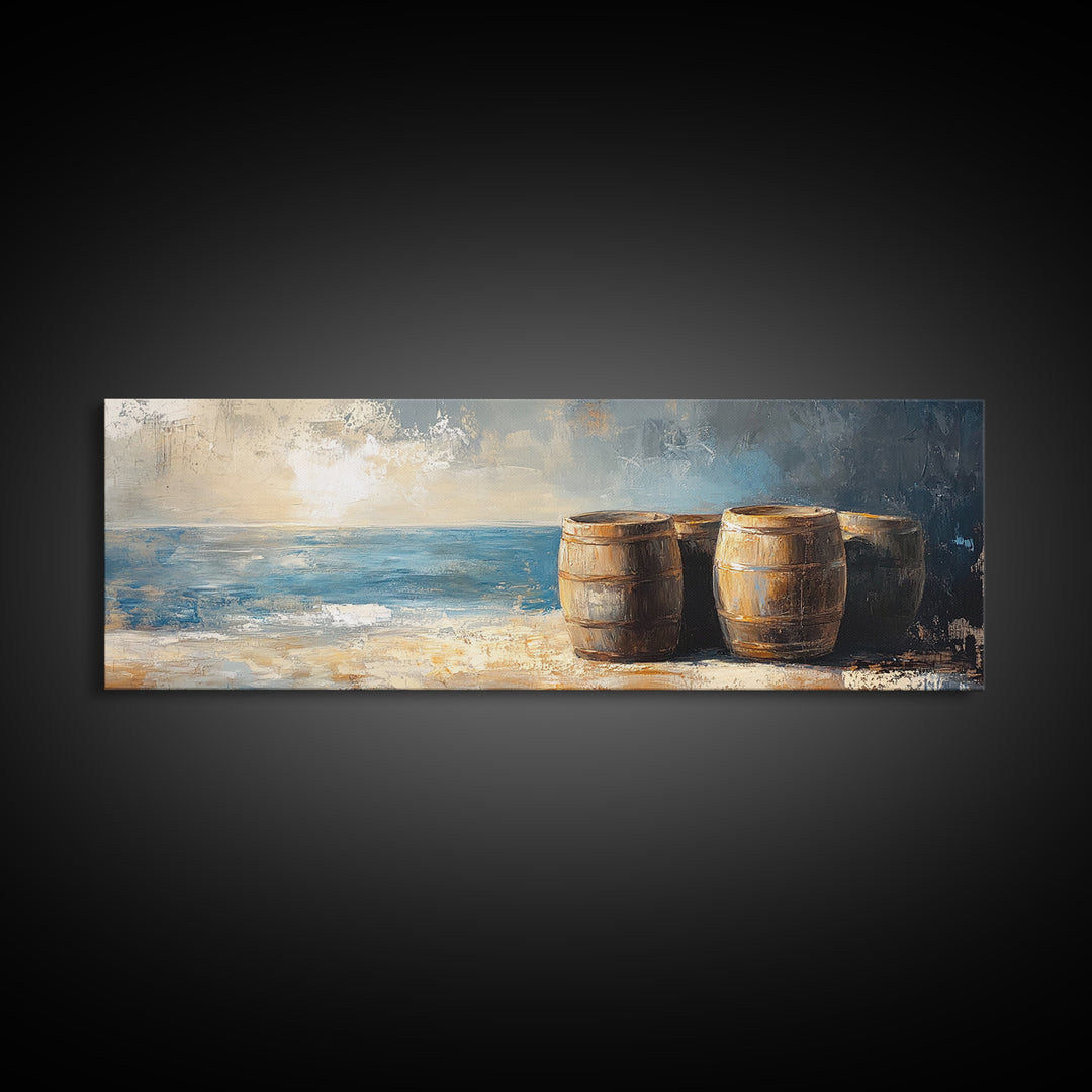 Weathered Barrels By The Sea Wall Art, Coastal Rustic Decor, Nautical Canvas Print For Beach House Living Room Wall Decor Gift