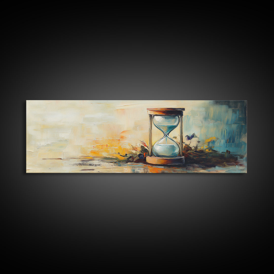 Hourglass Sunset Still Life Wall Art, Long Horizontal Canvas, Neutral Coastal Decor, Abstract Painting, Living Room Print