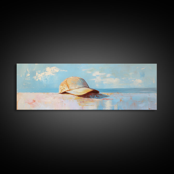 Sunlit Baseball Cap On Sandy Blue Shore Wall Art, Coastal Beach House Decor, Nautical Living Room Print, Gift For Him, Home Decor
