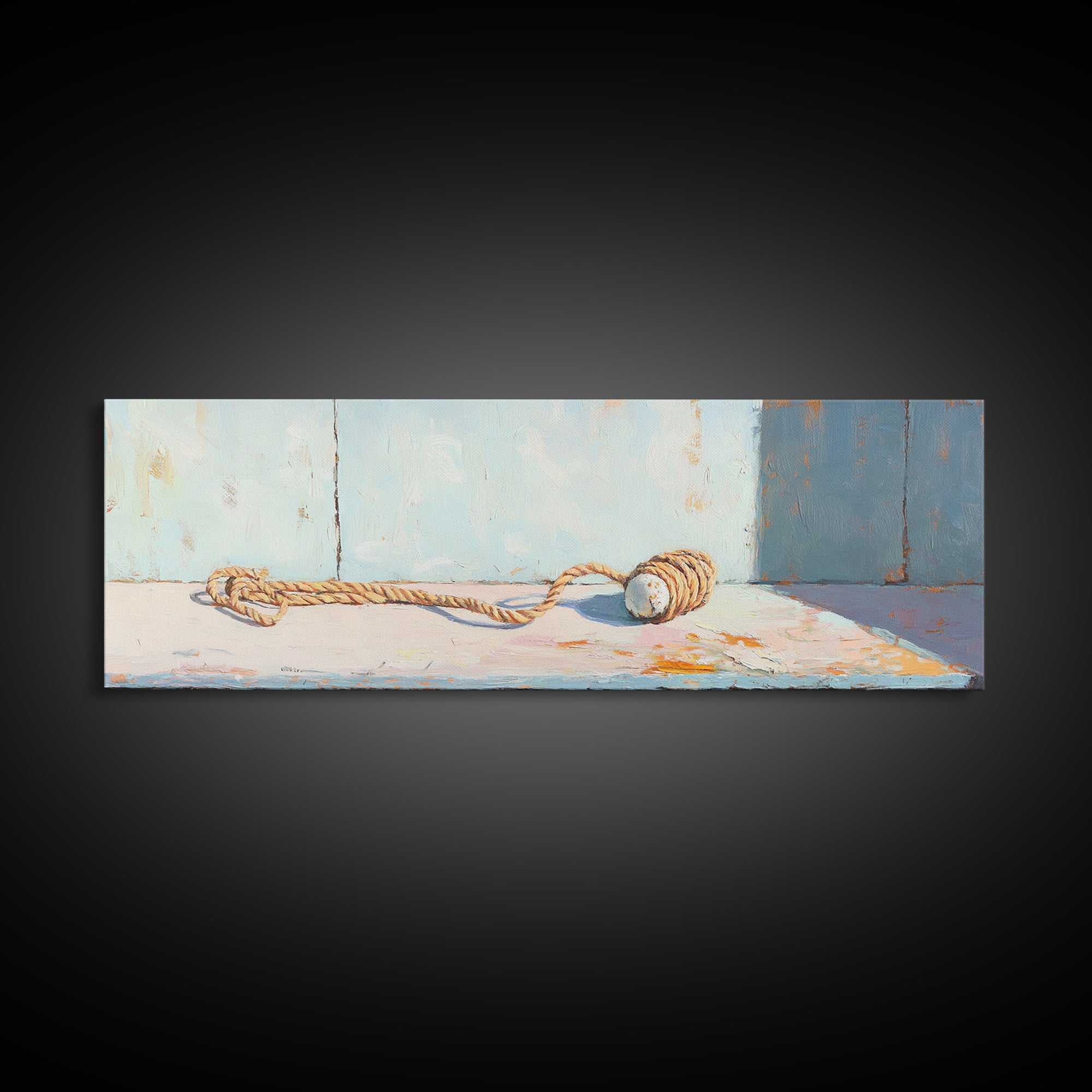 Weathered Rope And Wood Float Canvas Print, Nautical Coastal Wall Art, Beach House Decor, Rustic Bathroom Wall Decor, Ocean Wall Art