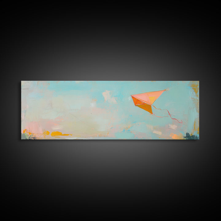 Orange Kite In Blue Summer Sky Canvas Print, Whimsical Nursery Wall Art, Coastal Kids Room Decor, Playful Gift For Her, Dopamine Decor