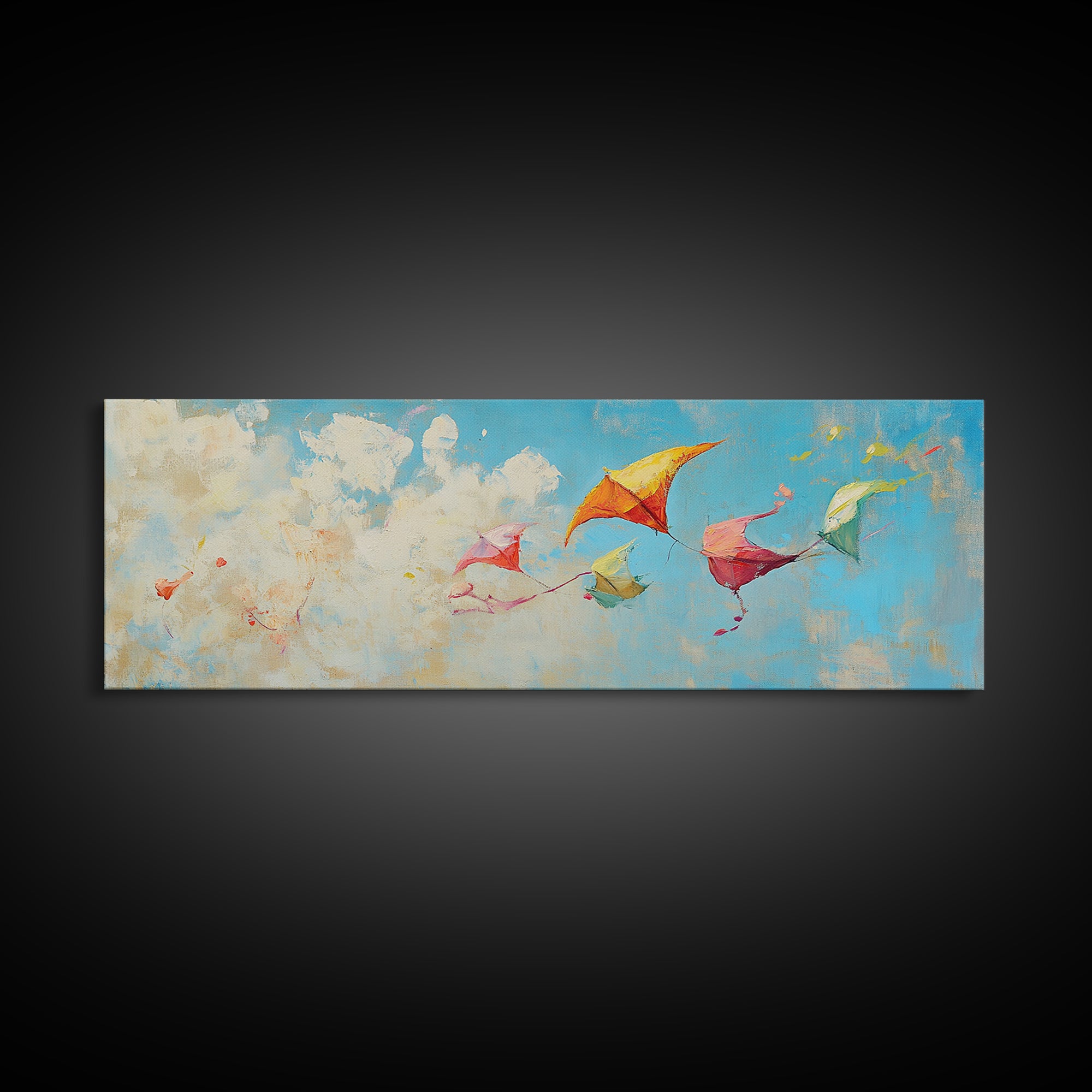 Colorful Kites Drifting Through Clouds Wall Art, Whimsical Kids Room Canvas Print, Playroom Decor, Nursery Wall Art Gift