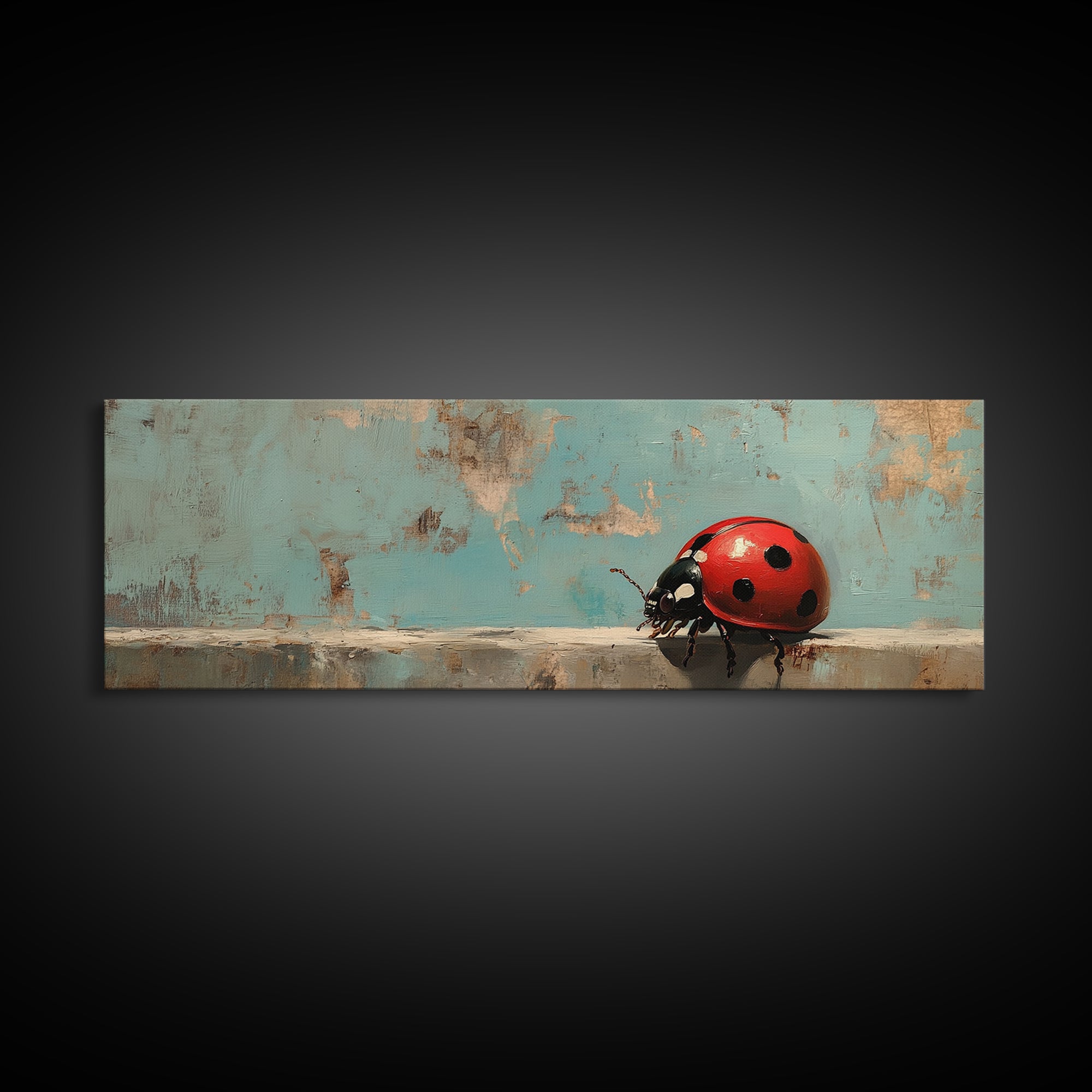 Red Ladybug On Weathered Blue Wall Art, Whimsical Animal Canvas Print, Nature Wall Decor, Kids Room Art, Garden Decor Gift