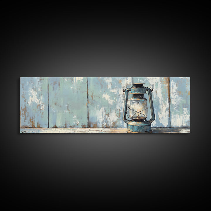 Blue Kerosene Lantern On Weathered Wood Framed Canvas Print, Rustic Wall Art, Coastal Decor, Farmhouse Home Decor, Housewarming Gift