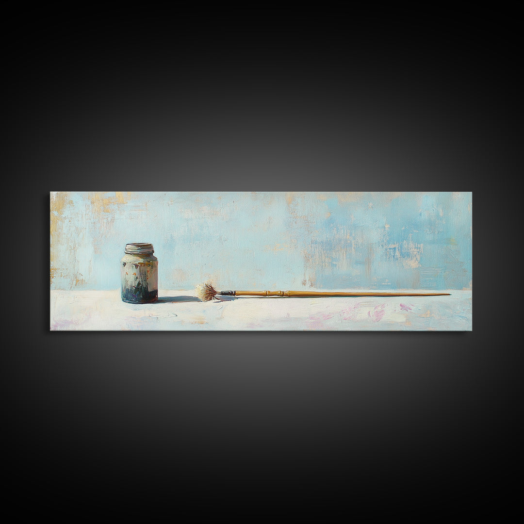 Rustic Paint Jar And Brush Canvas Print, Artist Studio Wall Decor, Minimal Still Life Art Print, Creative Office Decor Gift