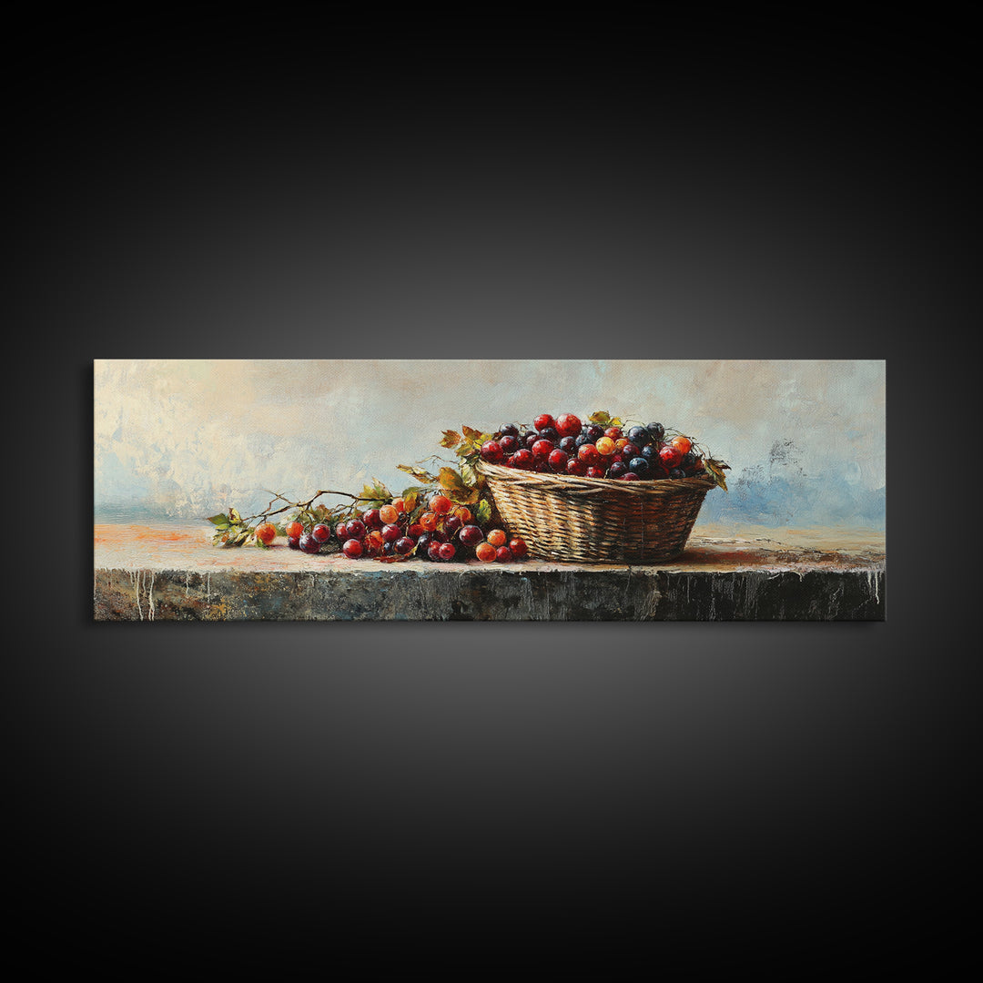 Basket Of Red Cherries Still Life Wall Art, Rustic Kitchen Decor, Fruit Painting Print, Farmhouse Dining Room Wall Decor