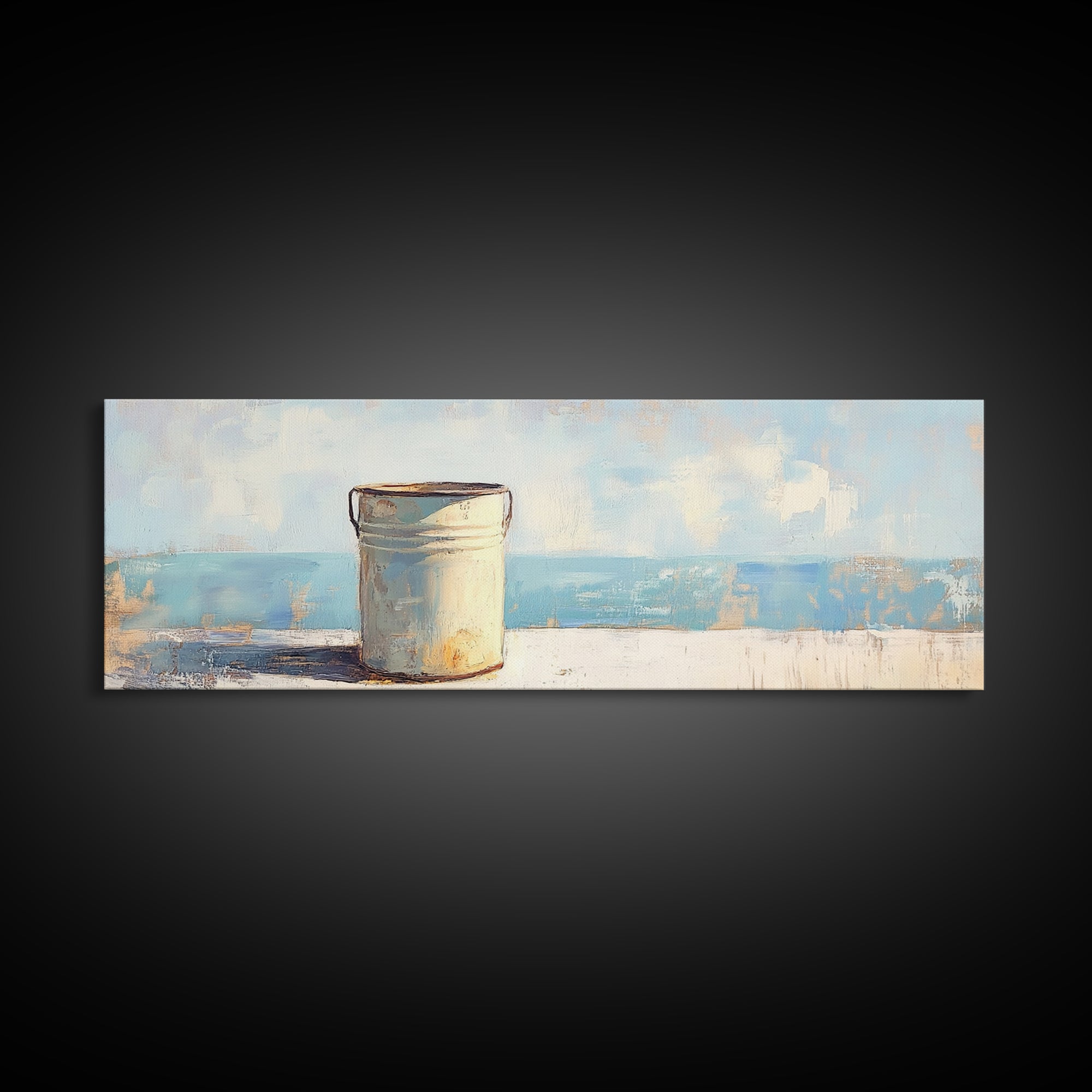 White Enamel Pail By The Sea Canvas Print, Coastal Farmhouse Wall Decor, Beach House Art, Rustic Nautical Kitchen Decor Print