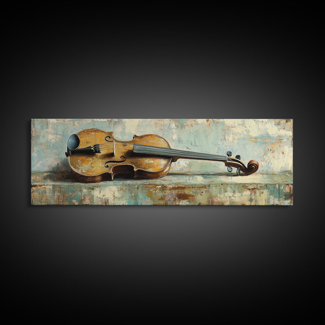 Antique Violin On Weathered Blue Table Framed Canvas Print, Music Room Wall Art, Rustic Studio Decor, Gifts For Musicians