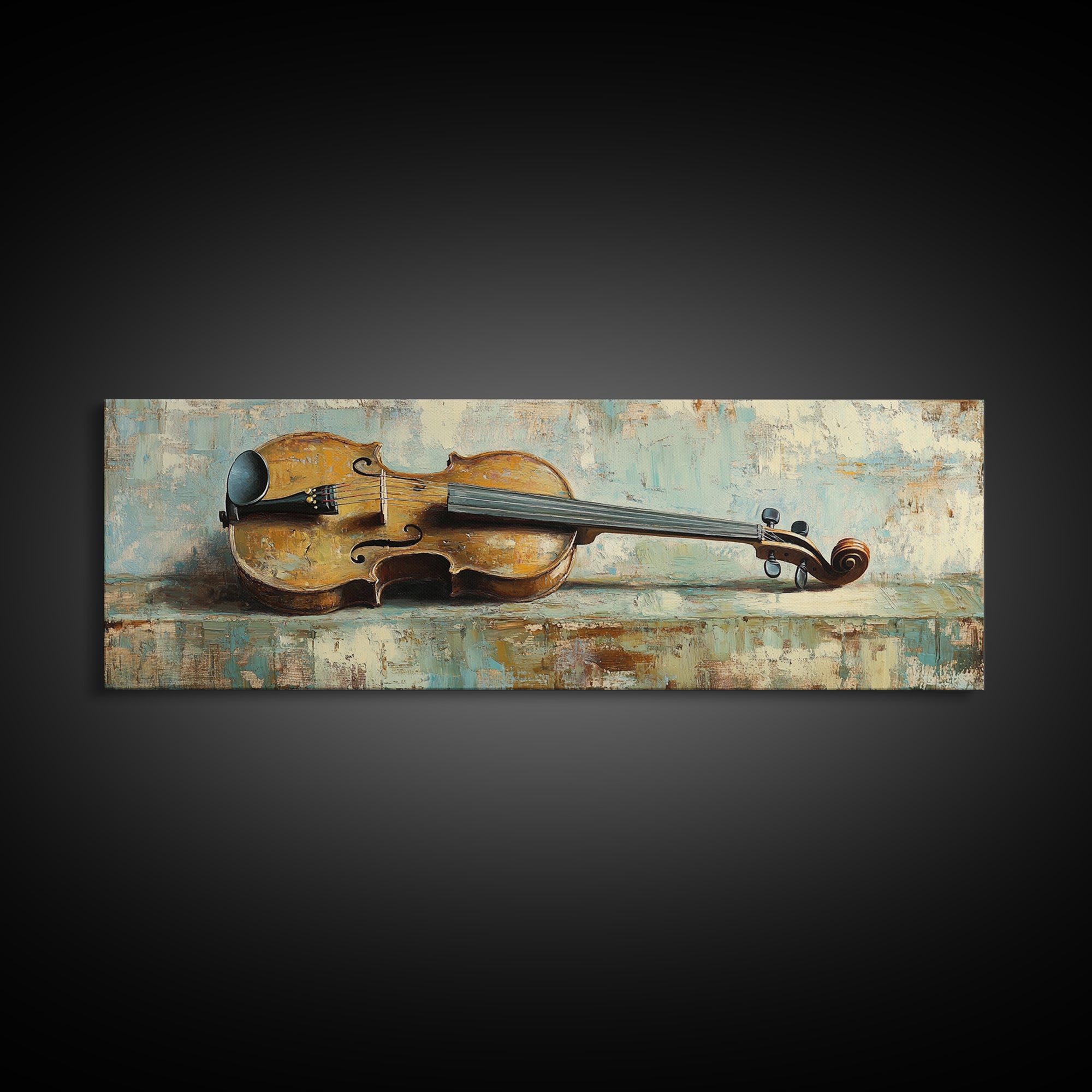 Antique Violin On Weathered Blue Table Framed Canvas Print, Music Room Wall Art, Rustic Studio Decor, Gifts For Musicians