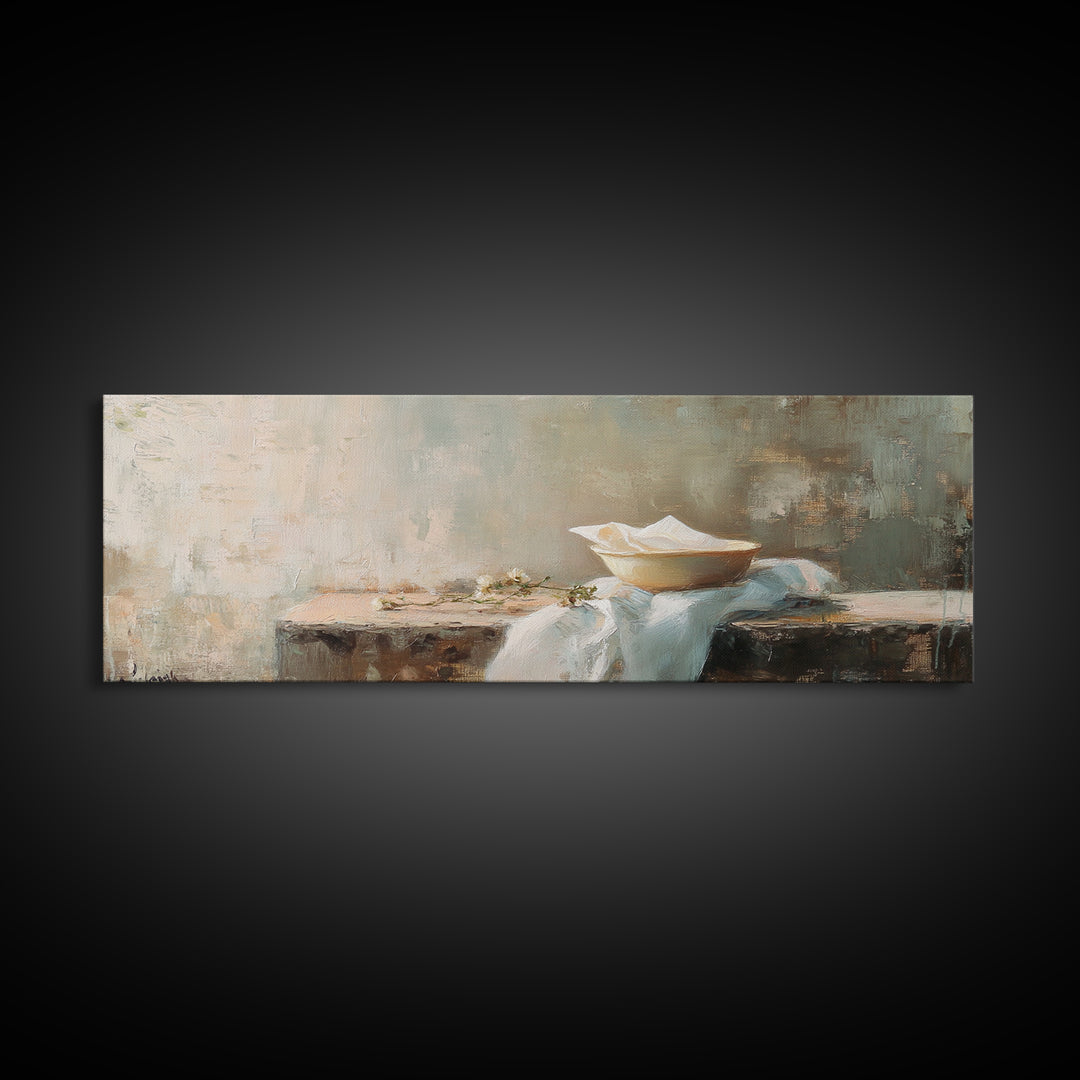 White Bowl Still Life On Linen Canvas Print, Minimalist Kitchen Wall Art, Neutral Wabi Sabi Decor, Calm Dining Room Print