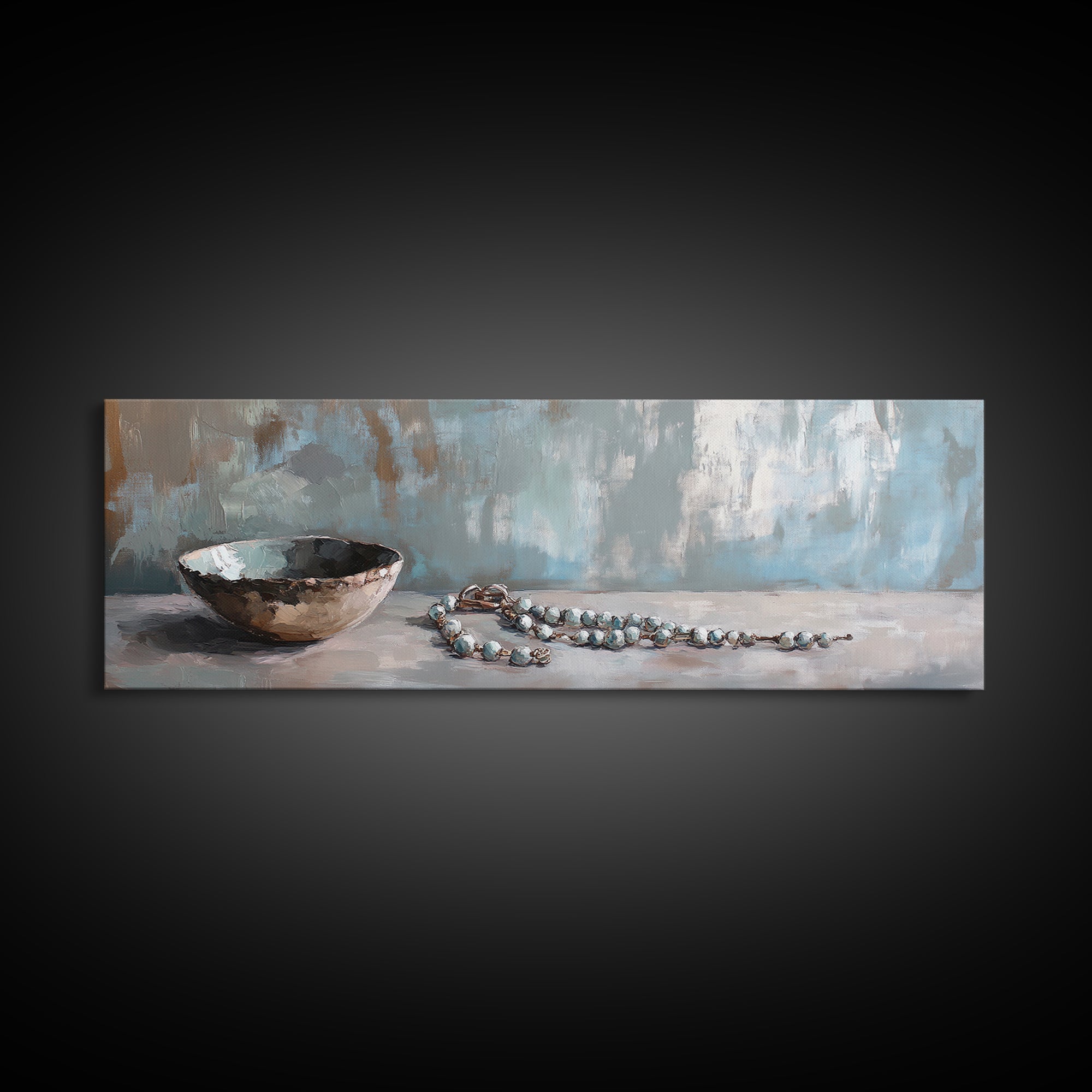 Rustic Bowl And Turquoise Beads Still Life Wall Art, Neutral Blue Home Decor, Wabi Sabi Canvas Art, Minimalist Office Decor