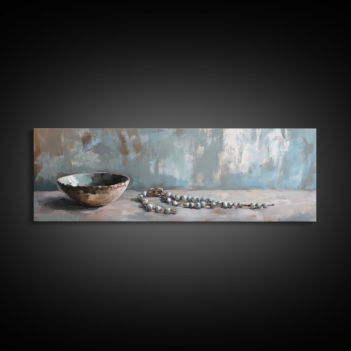 Rustic Bowl And Turquoise Beads Still Life Wall Art, Neutral Blue Home Decor, Wabi Sabi Canvas Art, Minimalist Office Decor