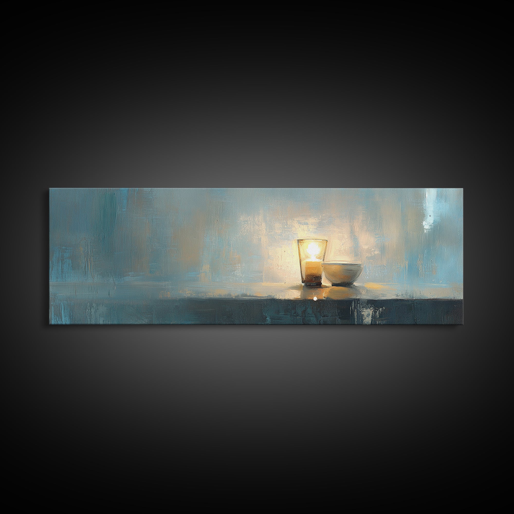Glowing Candle And Small Bowl Minimalist Wall Art, Blue Wabi Sabi Home Decor, Calming Canvas Print, Zen Dining Room Decor