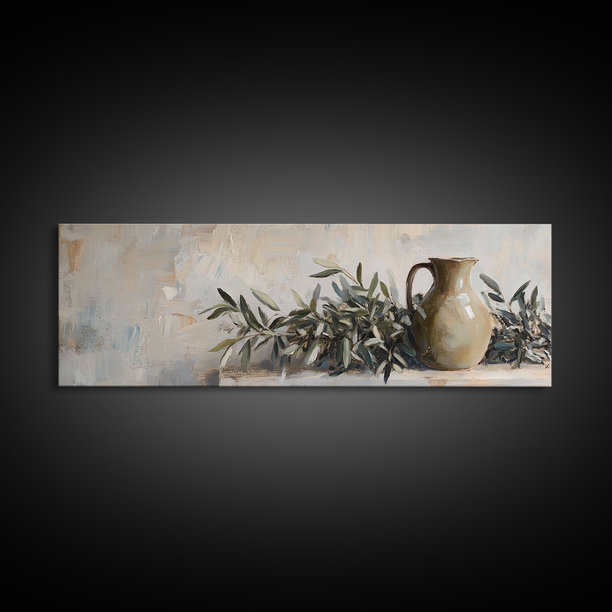 Olive Branches And Clay Pitcher Wall Art, Mediterranean Canvas Print, Rustic Kitchen Decor, Neutral Botanical Home Decor