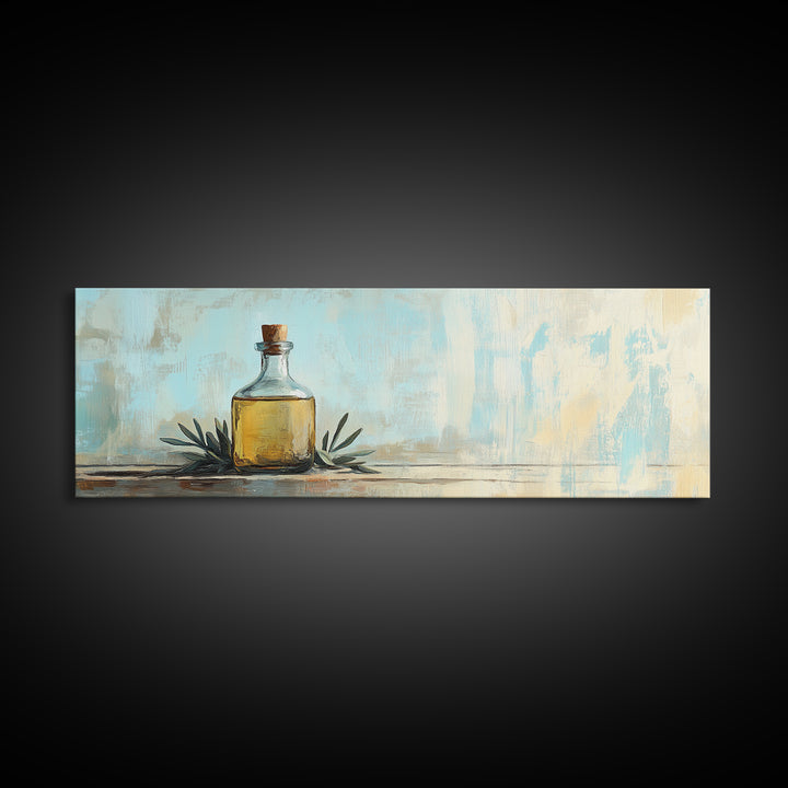 Amber Bottle And Green Leaves Wall Art, Minimalist Still Life Canvas Print, Rustic Kitchen Decor, Modern Farmhouse Home Decor