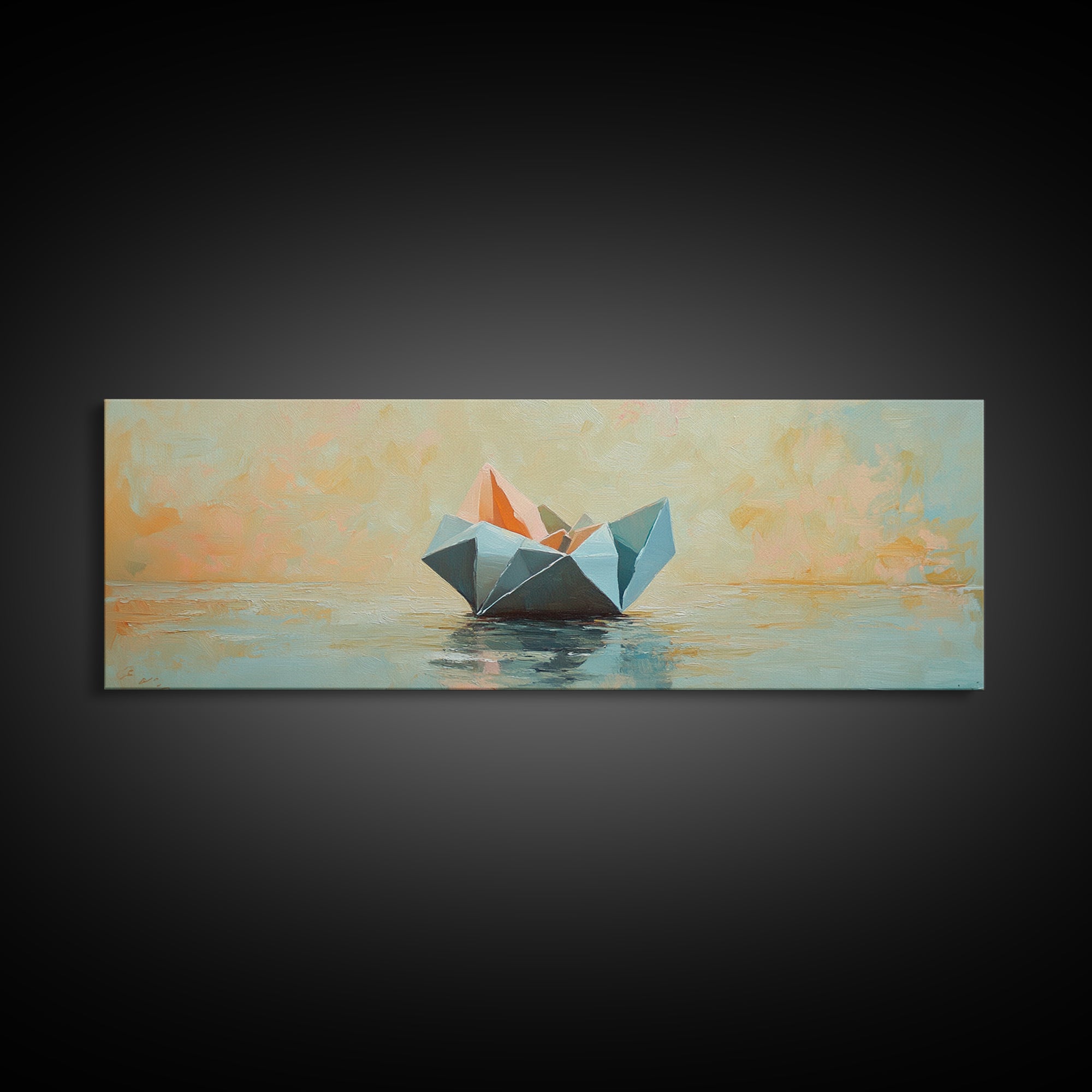 Origami Paper Boat On Calm Water Canvas Print, Coastal Wall Art, Nautical Home Decor, Beach House Living Room Decor, Above Sofa Art