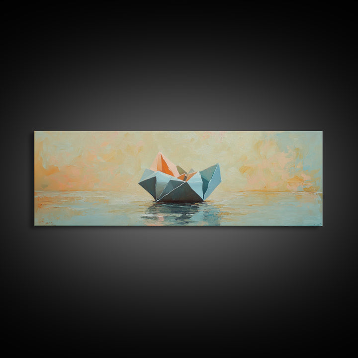 Origami Paper Boat On Calm Water Canvas Print, Coastal Wall Art, Nautical Home Decor, Beach House Living Room Decor, Above Sofa Art
