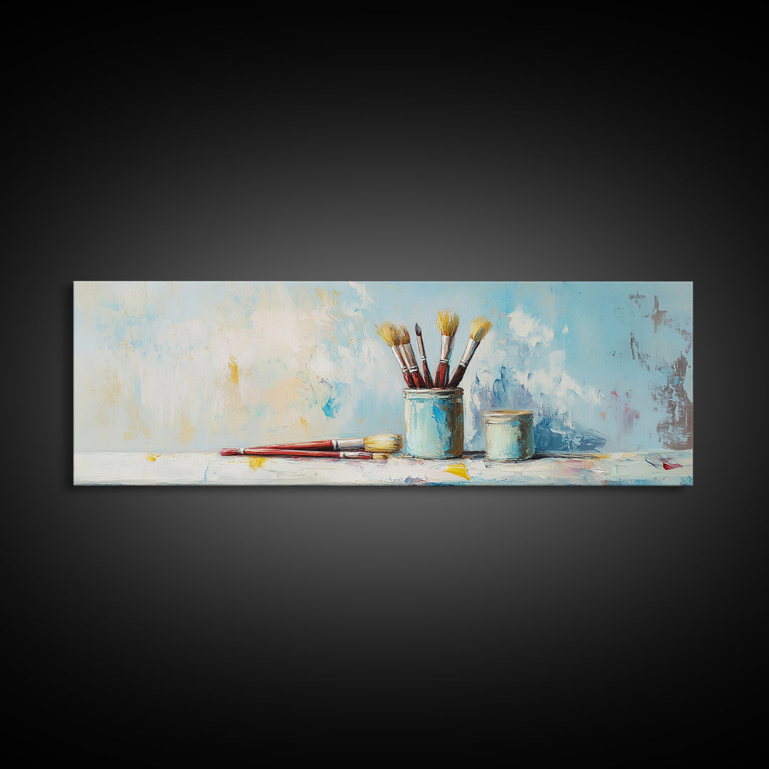 Blue Jars With Artist Brushes Canvas Print, Paint Studio Wall Art, Creative Office Decor, Modern Gallery Wall Art Print, Gift For Art Lover