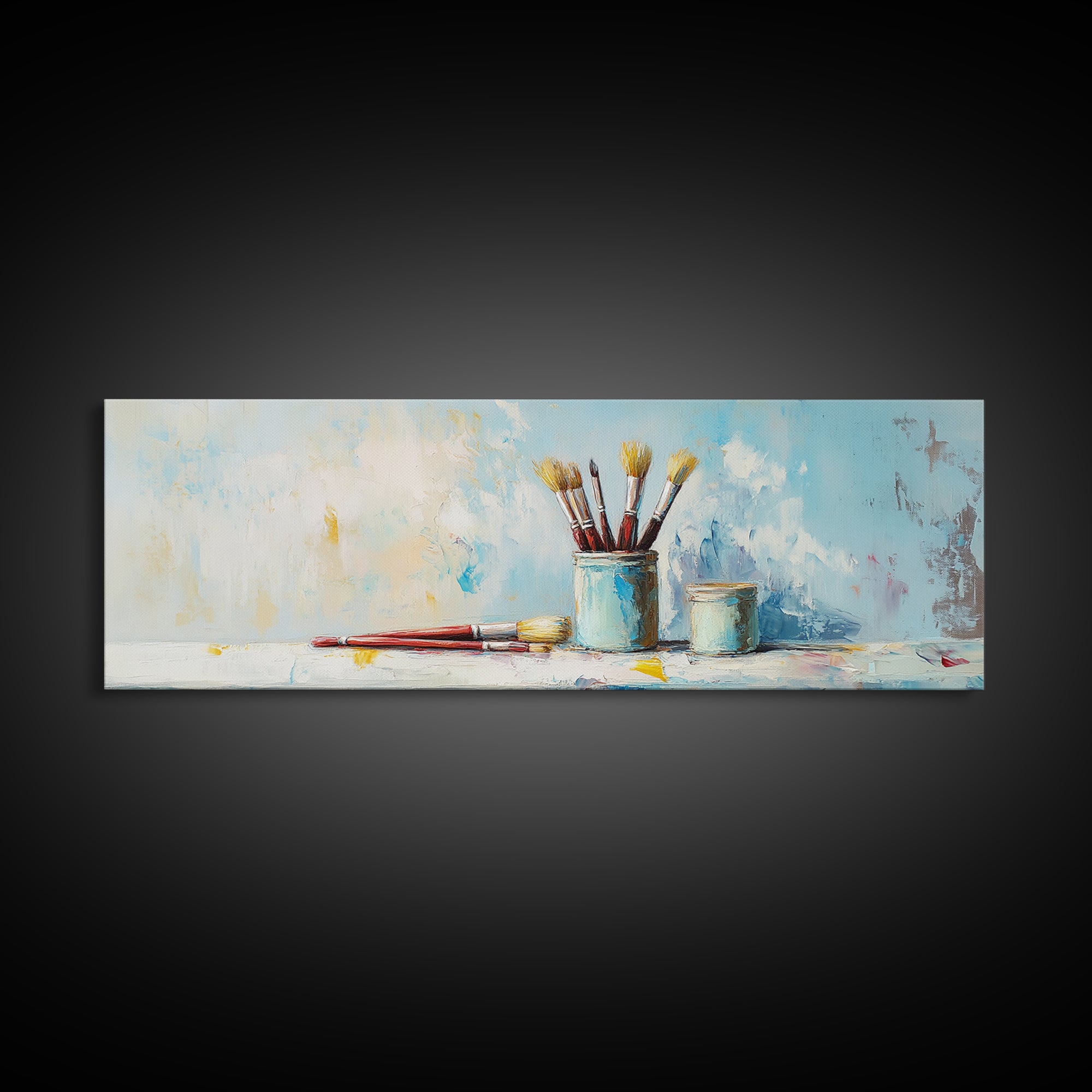 Blue Jars With Artist Brushes Canvas Print, Paint Studio Wall Art, Creative Office Decor, Modern Gallery Wall Art Print, Gift For Art Lover