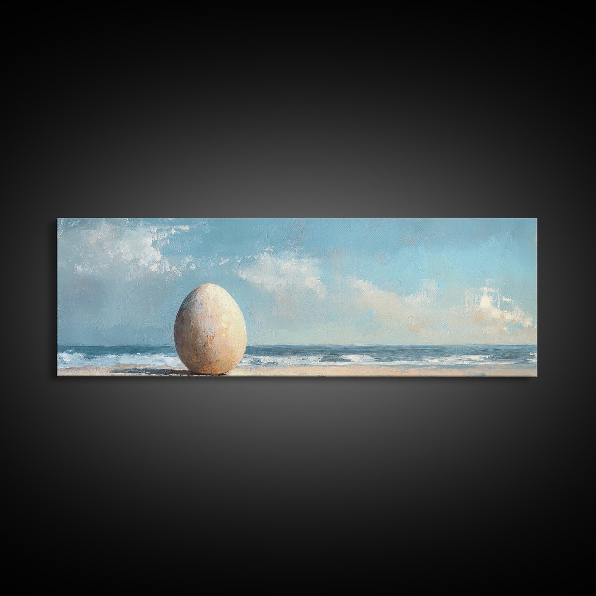 Large Egg On Quiet Shore Canvas Print, Surreal Beach Wall Art, Coastal Home Decor, Modern Seascape Living Room Decor, Ocean Art