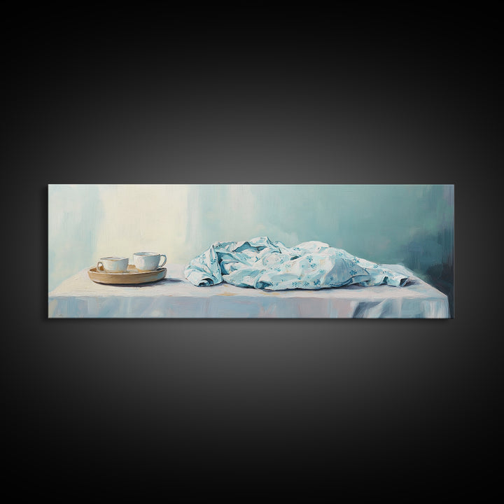 White Tea Cups And Blue Draped Cloth Canvas Print, Serene Still Life Wall Art, Minimalist Kitchen Decor, Cozy Home Decor