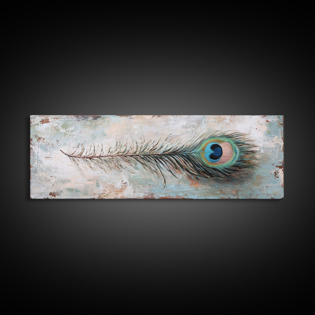 Peacock Feather On Distressed Blue Texture Wall Art, Long Horizontal Canvas, Rustic Coastal Decor, Boho Nature Print, Gift For Her