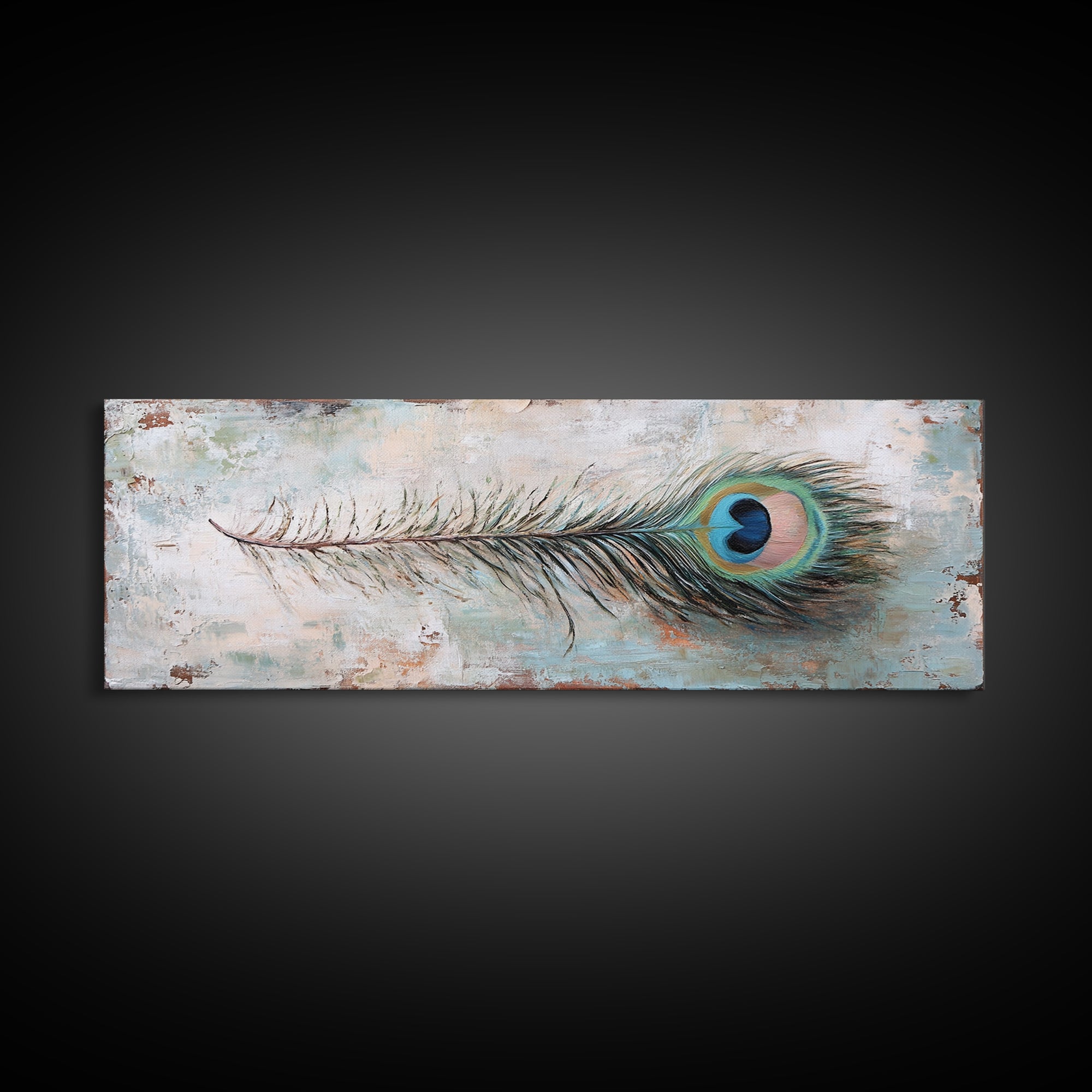 Peacock Feather On Distressed Blue Texture Wall Art, Long Horizontal Canvas, Rustic Coastal Decor, Boho Nature Print, Gift For Her