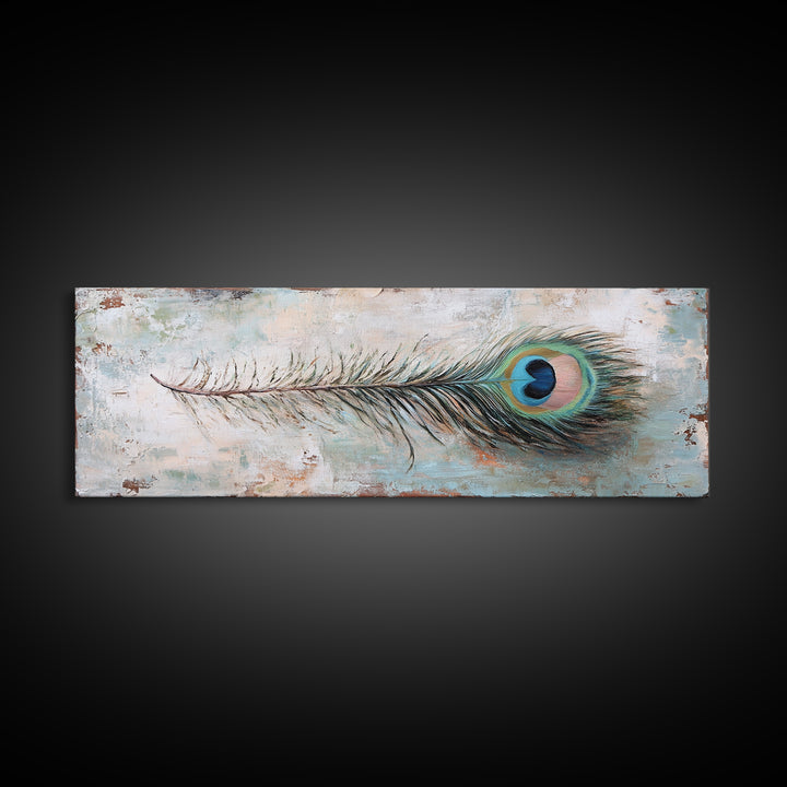 Peacock Feather On Distressed Blue Texture Wall Art, Long Horizontal Canvas, Rustic Coastal Decor, Boho Nature Print, Gift For Her