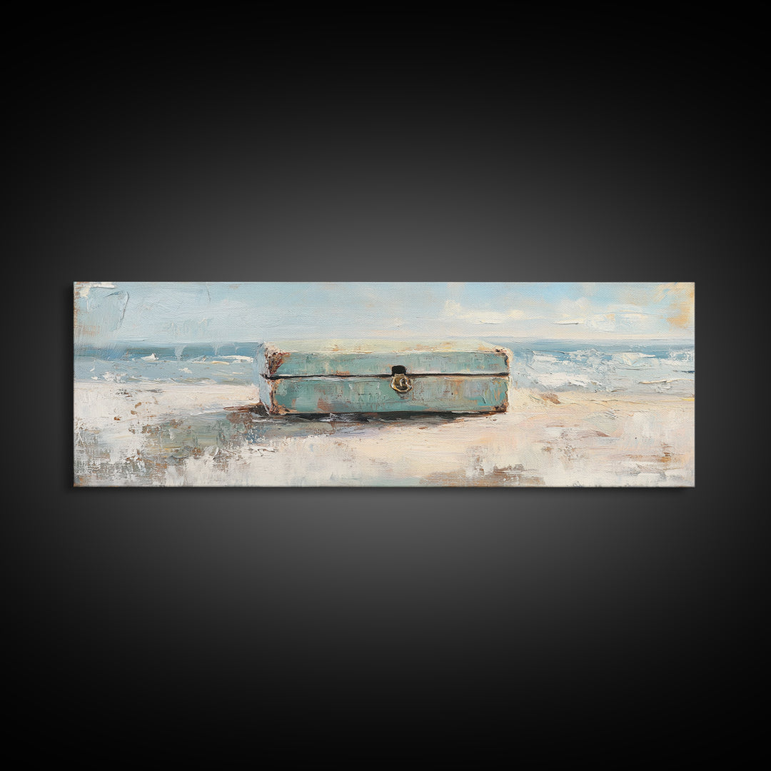 Weathered Blue Trunk On Sandy Beach Canvas Print, Coastal Wall Art, Ocean Seascape Decor, Nautical Housewarming Gift, Beach House Decor