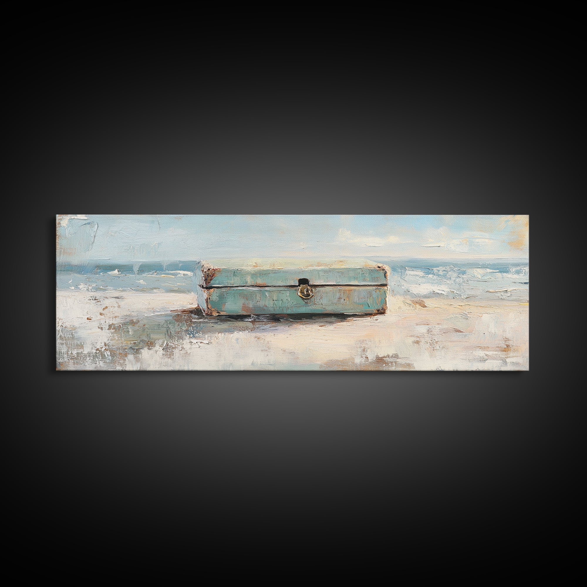 Weathered Blue Trunk On Sandy Beach Canvas Print, Coastal Wall Art, Ocean Seascape Decor, Nautical Housewarming Gift, Beach House Decor