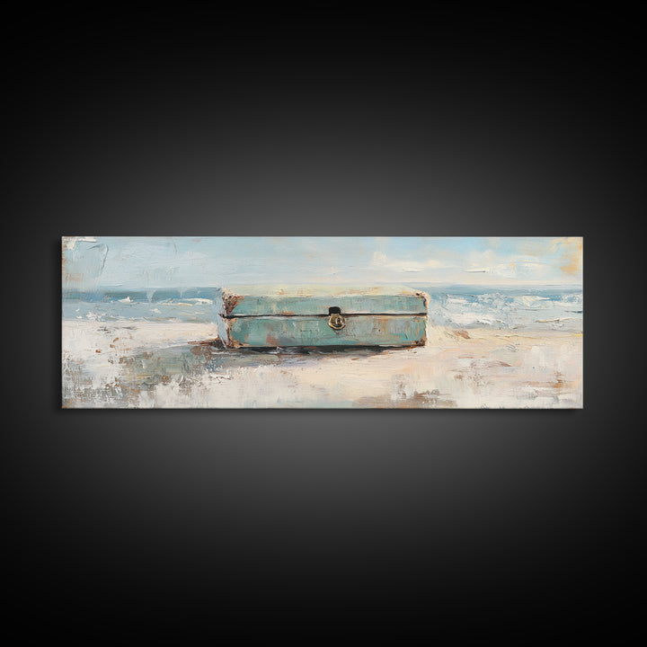 Weathered Blue Trunk On Sandy Beach Canvas Print, Coastal Wall Art, Ocean Seascape Decor, Nautical Housewarming Gift, Beach House Decor