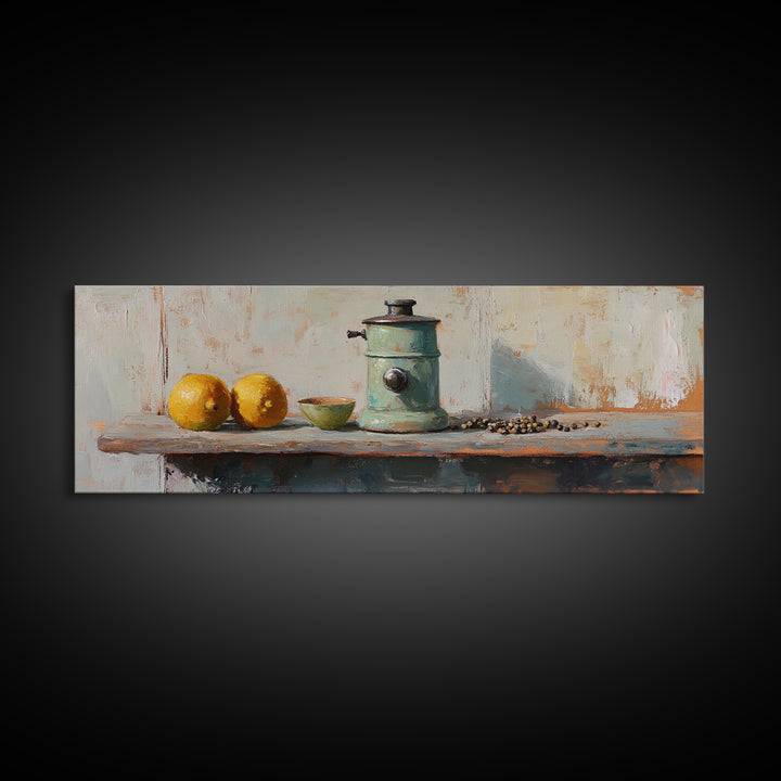 Rustic Coffee Grinder With Lemons Still Life Canvas Print, Kitchen Wall Art, Farmhouse Decor, Food Lover Housewarming Gift