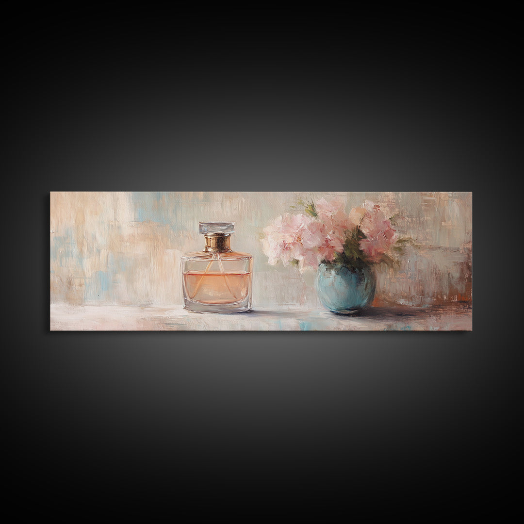 Perfume Bottle And Pink Flowers Framed Canvas Print, Feminine Wall Art, Vanity Decor, Romantic Bedroom Gift For Her, Coquette Prints
