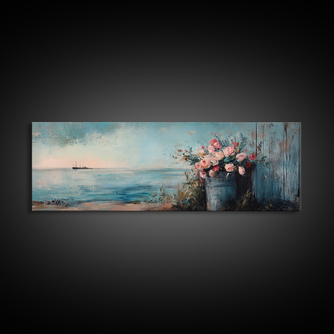 Blue Seascape With Flower Bucket Wall Art, Coastal Canvas Print, Beach House Decor, Ocean Landscape Housewarming Gift, Living Room Art